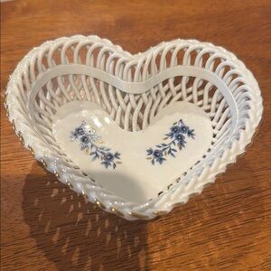 Basket Ceramic White Heart Basket with Purple Flowers Trimmed in Gold